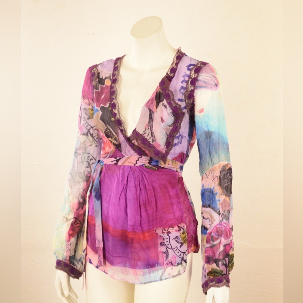 John Galliano 42 Italy 6 USA Silk Sheer Wrap Blouse Top Small Purple Long Sleeve